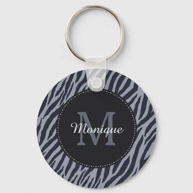 Stylish Dark Grey Zebra Print Monogram and Name Keychain (Front)