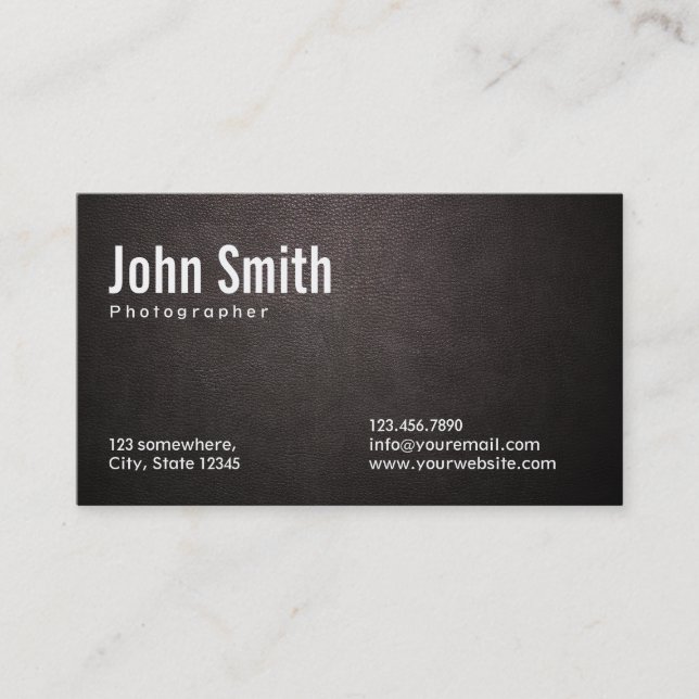 Stylish Dark Leather Photography Business Card (Front)