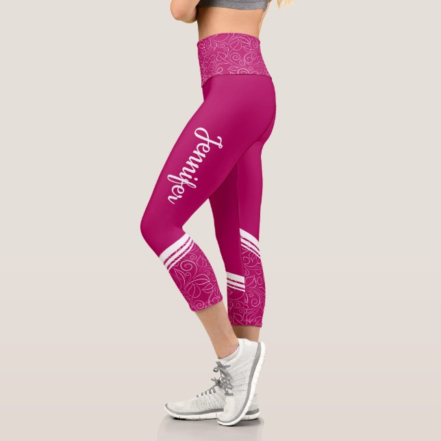 Stylish dark magenta floral white stripes and name capri leggings (Left)