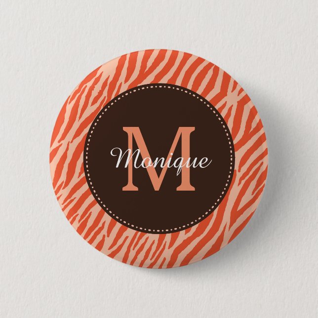 Stylish Dark Orange Zebra Print Monogram and Name 2 Inch Round Button (Front)
