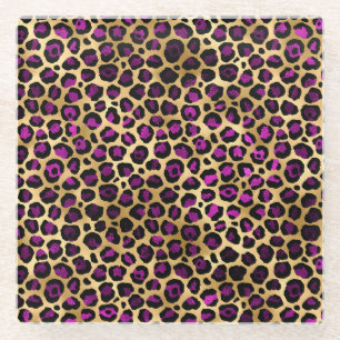 Stylish Dark Purple and Gold Foil Leopard Spots Glass Coaster