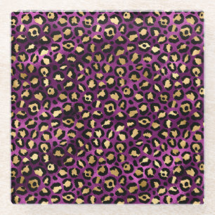 Stylish Dark Purple and Gold Foil Leopard Spots Glass Coaster