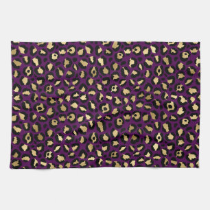 Stylish Dark Purple and Gold Foil Leopard Spots Kitchen Towel