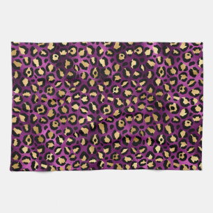 Stylish Dark Purple and Gold Foil Leopard Spots Kitchen Towel