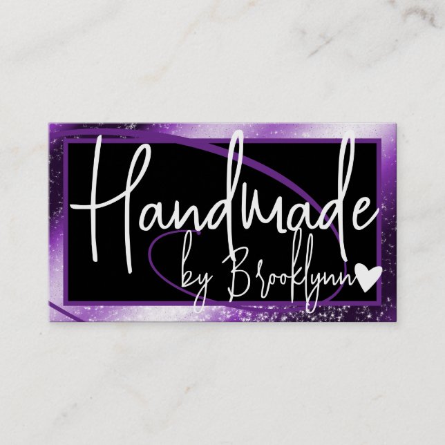 Stylish Dark Purple Frame Heart Handmade by Name  Business Card (Front)