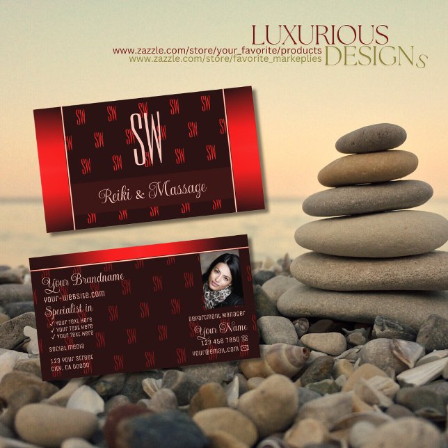 Stylish Dark Red with Photo and Monogram Pattern Business Card (Creator Uploaded)