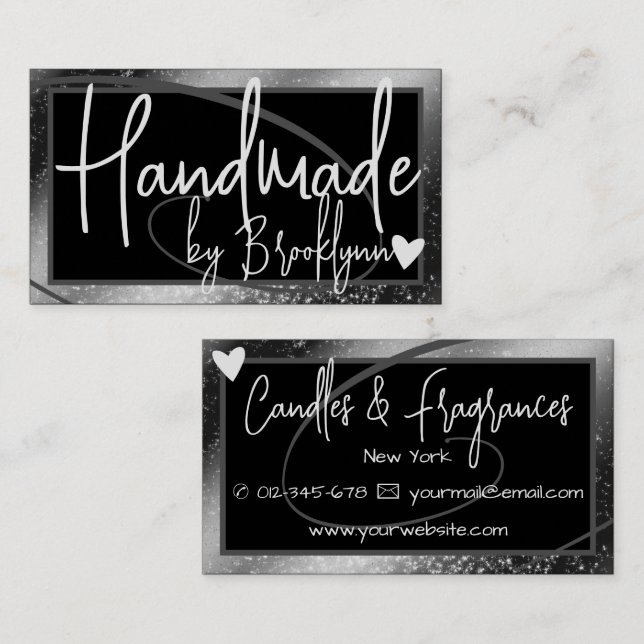 Stylish Dark Silver Frame Heart Handmade by Name  Business Card (Front/Back)