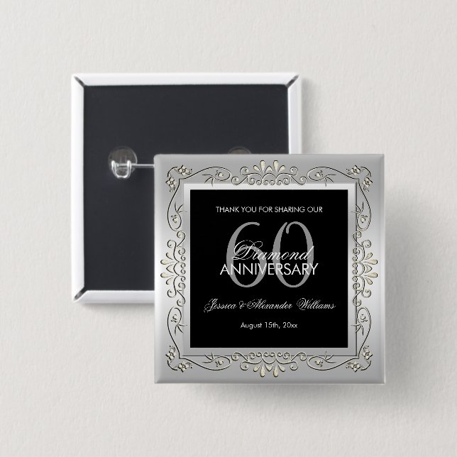 Stylish Decorative Silver 60th Wedding Anniversary 2 Inch Square Button (Front & Back)