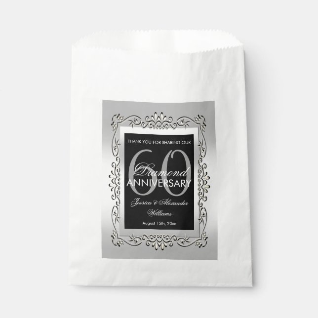 Stylish Decorative Silver 60th Wedding Anniversary Favour Bag (Front)
