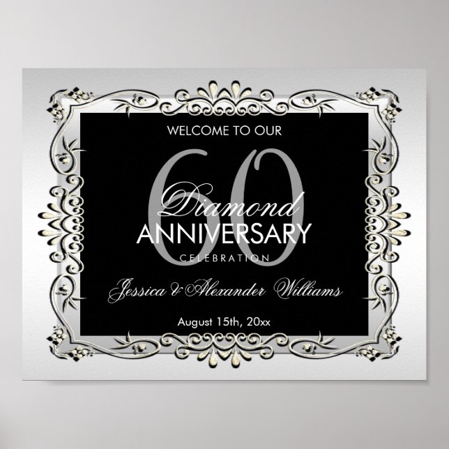 Stylish Decorative Silver 60th Wedding Anniversary Poster (Front)