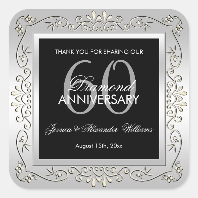 Stylish Decorative Silver 60th Wedding Anniversary Square Sticker (Front)