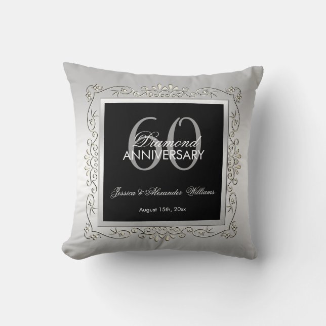 Stylish Decorative Silver 60th Wedding Anniversary Throw Pillow (Front)