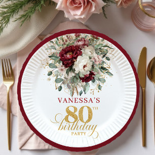Stylish Deep Red Floral 80th Birthday Paper Plates