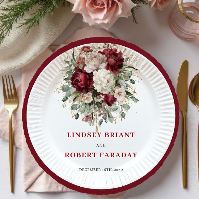 Stylish Deep Red Floral Boho Gold Plates (Stylish Deep Red Floral Boho Gold Plates)