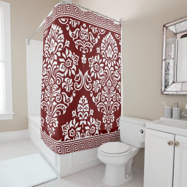 Stylish Deep Red Floral Damask Greek Key (In Situ)