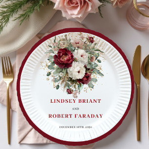 Stylish Deep Red Floral Eucalyptus Gold Wedding Paper Plate