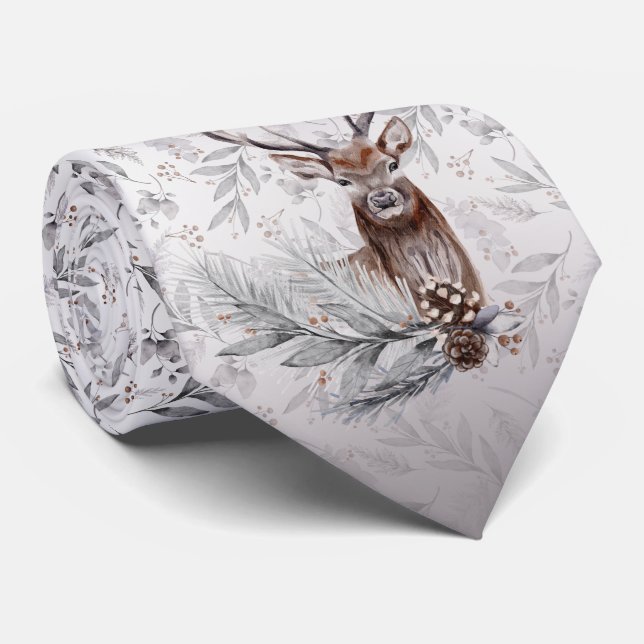 Stylish Deer Grey Winter Botanical Pattern Tie (Rolled)