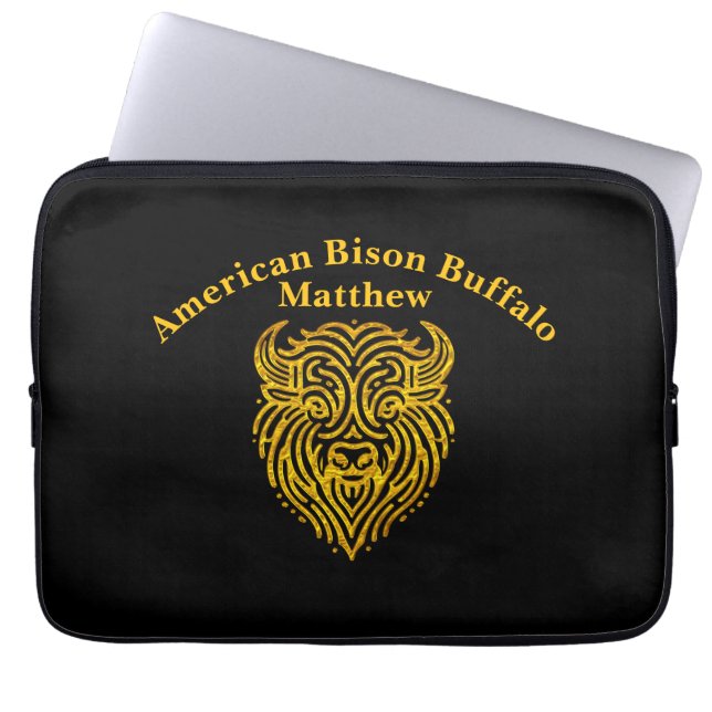 Stylish Design of a Gold Bison Buffalo Head Laptop Sleeve (Front)