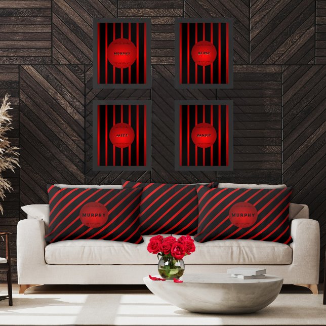 Stylish Diagonal Black Red Stripes Monogram Name  Lumbar Pillow (Vivid and modern, black and crimson diagonally striped personalized 13x21" lumbar pillows)