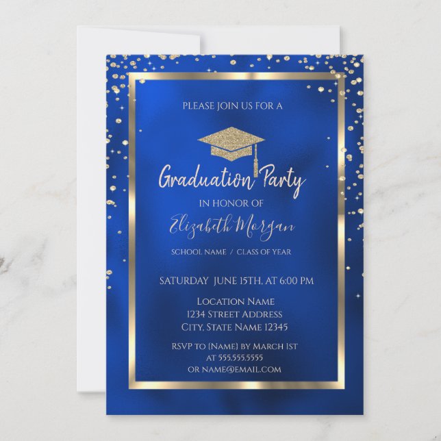 Stylish Diamonds Gold Grad Cap Blue Metallic Invitation (Front)