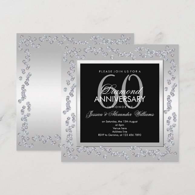 Stylish Diamonds Silver 60th Wedding Anniversary Invitation (Front/Back)