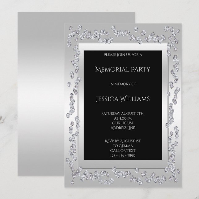 Stylish Diamonds Silver Memorial Party Invitation (Front/Back)