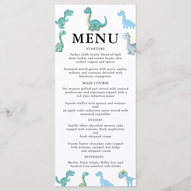 Stylish Dinosaur Baby Shower White Menu (Front)