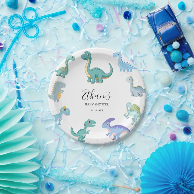 Stylish Dinosaur Baby Shower White Paper Plate (Party)