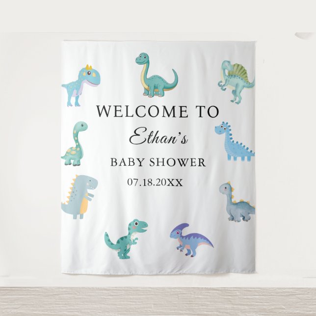 Stylish Dinosaur Baby Shower White Tapestry (Front)
