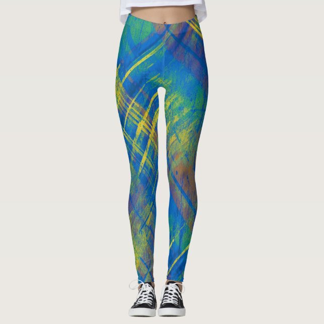 Stylish Distressed Plaid Check Blue, green, yellow Leggings (Front)