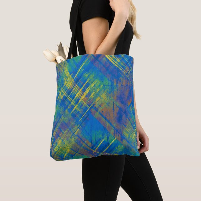 Stylish Distressed Plaid Check Blue, green, yellow Tote Bag (Close Up)