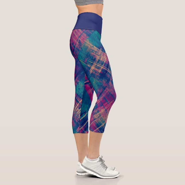 Stylish Distressed Plaid Check Indigo Waistband Capri Leggings (Right)