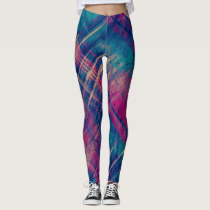 Stylish Distressed Plaid Check Pink Purple Blue Leggings