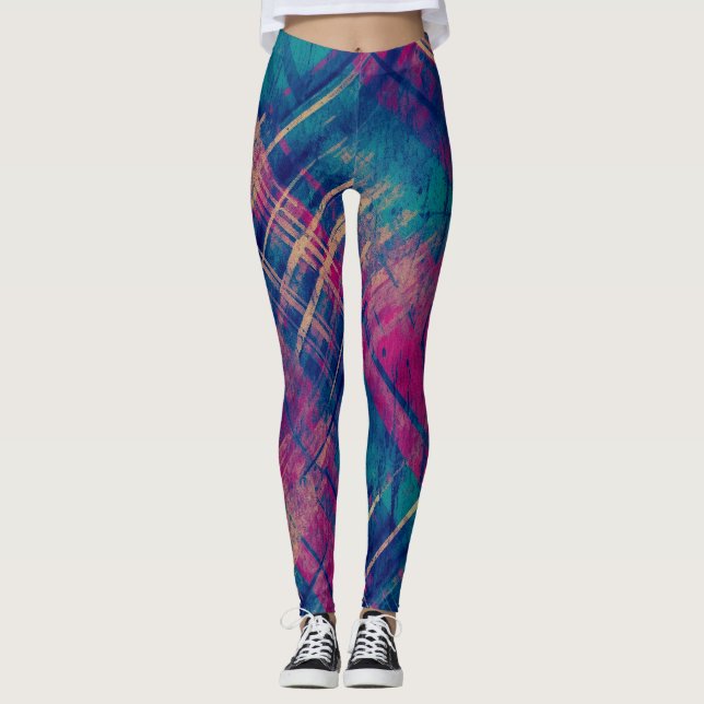 Stylish Distressed Plaid Check Pink Purple Blue  Leggings (Front)