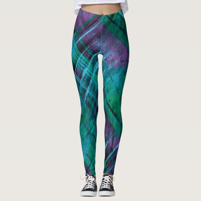 Stylish Distressed Plaid Check Purple Green Tartan Leggings (Front)