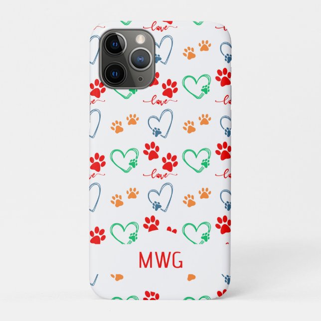 Stylish DOG PAW PRINTS and LOVE HEARTS Monogram Case-Mate iPhone Case (Back)