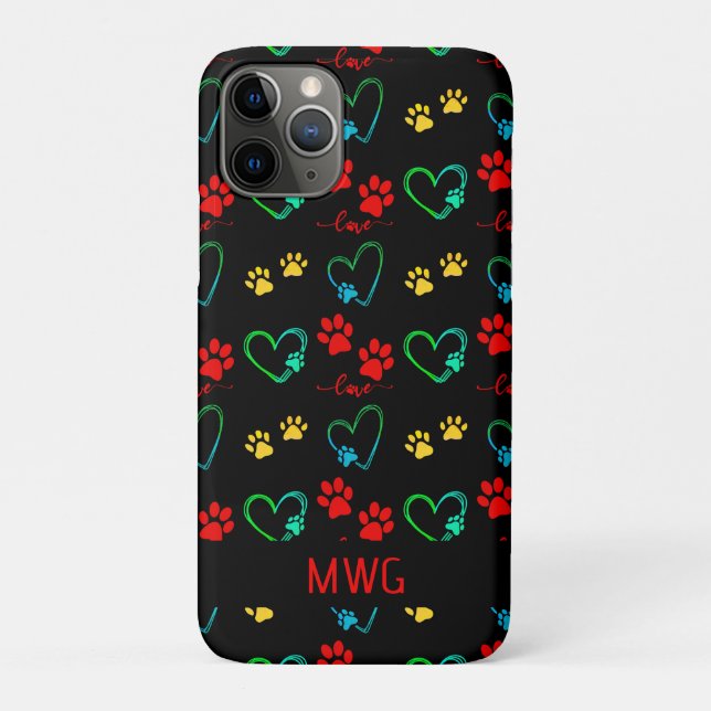 Stylish DOG PAW PRINTS and LOVE HEARTS Monogram Case-Mate iPhone Case (Back)