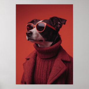 Stylish Dog Portrait in Red Poster