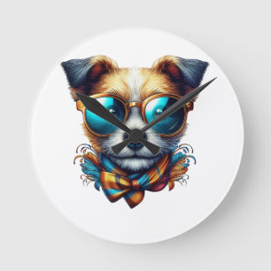 Stylish Dog With Glasses Colorful Modern Pet Art Round Clock