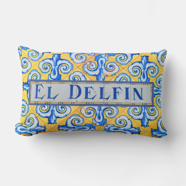 Stylish Dolphin Blue and Yellow Spanish Language Lumbar Pillow (Front)