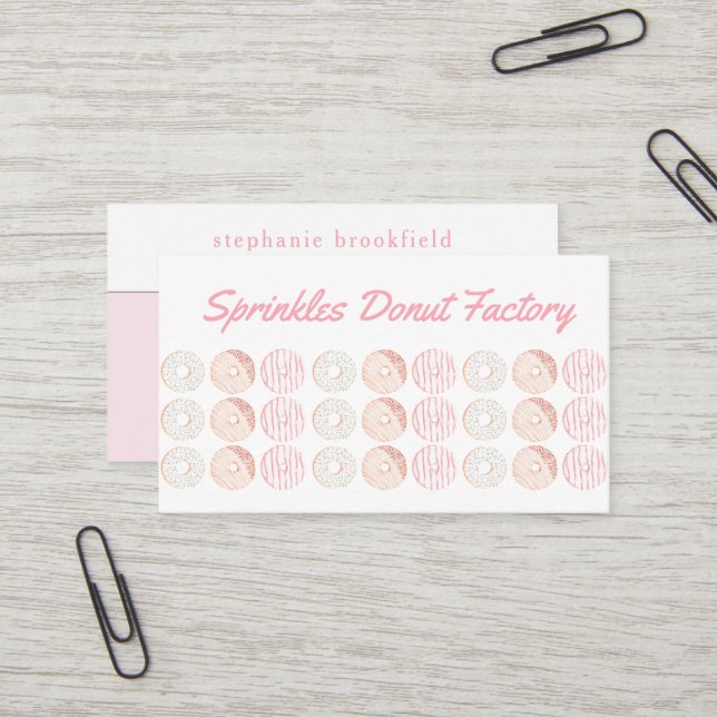Stylish Doughnut Pattern Pink Bakery Cafe  Business Card (Front/Back In Situ)