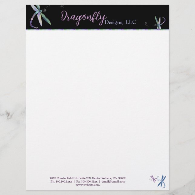 Stylish Dragonfly Designer Business Letterhead (Front)