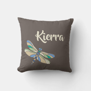 Stylish Dragonfly in Brown and Blue With Name Throw Pillow