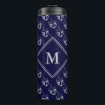 Stylish DREIDEL Monogram Blue Grey Thermal Tumbler<br><div class="desc">Stylish midnight navy blue and grey TRAVEL MUG with all over grey DREIDEL print against a midnight blue background. There is a customizable monogram at the centre,  so you can personalize with your own. Other versions available in the HANUKKAH Collection by Berean Designs.</div>