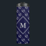 Stylish DREIDEL Monogram Blue Grey Thermal Tumbler<br><div class="desc">Stylish midnight navy blue and grey TRAVEL MUG with all over grey DREIDEL print against a midnight blue background. There is a customizable monogram at the centre,  so you can personalize with your own. Other versions available in the HANUKKAH Collection by Berean Designs.</div>