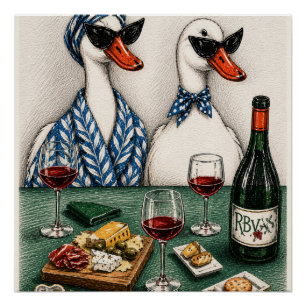 Stylish Duck Couple   Wine And Cheese Art Poster