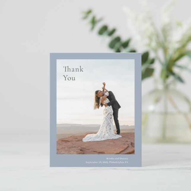 Stylish Dusty Blue Budget Wedding Thank You Card (Standing Front)