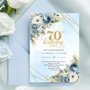 Stylish dusty blue eucalyptus gold 70th birthday  invitation
