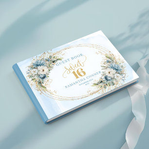 Stylish Dusty Blue Floral Gold Sweet 16th Guest  Book
