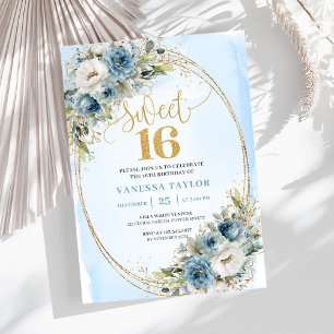 Stylish Dusty Blue Floral Gold Sweet 16th Invite